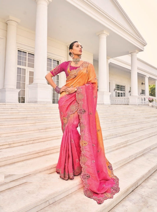 Iconic Pink Crepe Jacquard With Jari Cut-Dana & Moti Work Bridal Saree