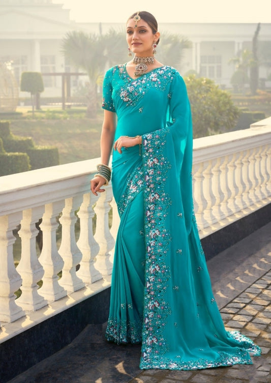 Sumptuous Blue Crepe With Moti Jarkan & Thread Work Bridal Saree