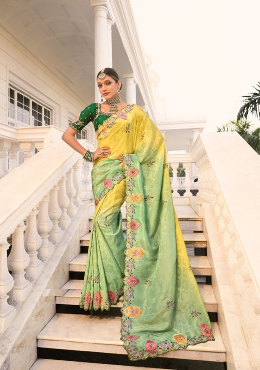 Statement-Making Yellow Crepe Jacquard With Jari Cut-Dana & Moti Work Bridal Saree