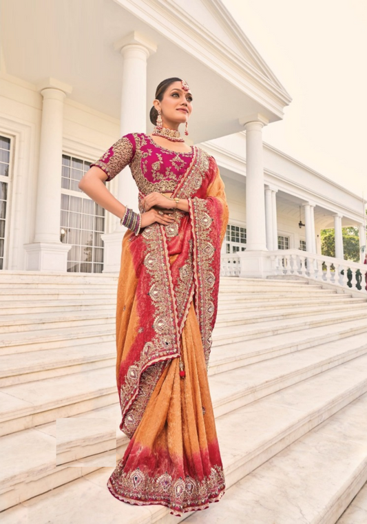 Couture Pink Crepe Jacquard With Jari Cut-Dana & Moti Work Bridal Saree