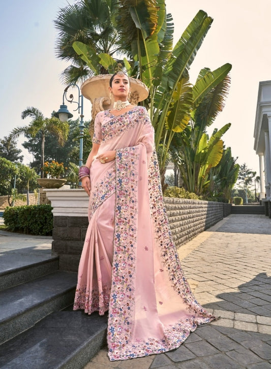 Tailored-To-Perfection Powder Pink Banarasi Jari Cut-Dana & Moti Work Bridal Saree