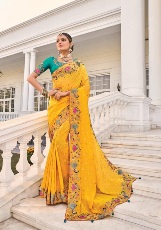 Lustrous Mustard Crepe Moti Cut-Dana & 3D Work Bridal Saree