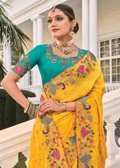 Lustrous Mustard Crepe Moti Cut-Dana & 3D Work Bridal Saree