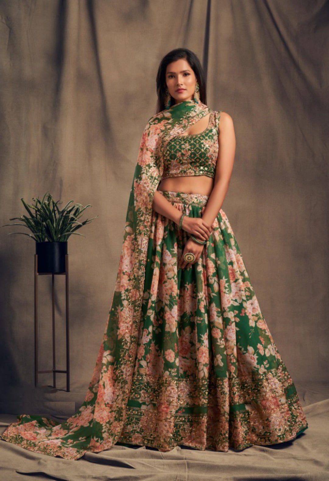 Women Green Organza Stylish Lehenga