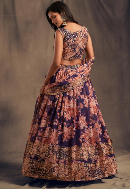 Women Purple Organza Stylish Lehenga