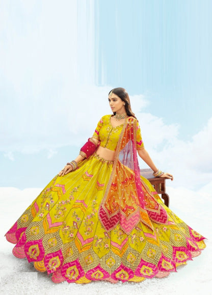 Vivid Yellow And Pink Silk Stylish Lehenga