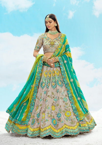 Enchanting Grey And Rama Green Silk Stylish Lehenga