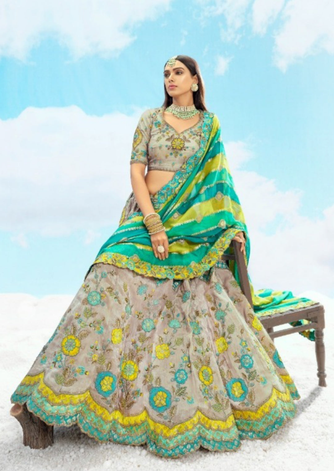 Enchanting Grey And Rama Green Silk Stylish Lehenga