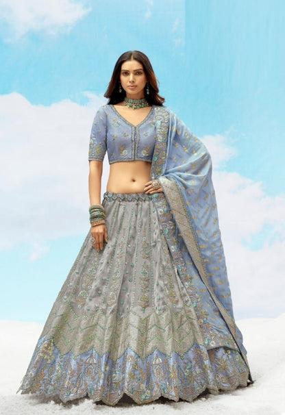 Flattering Greyish Blue Silk Stylish Lehenga