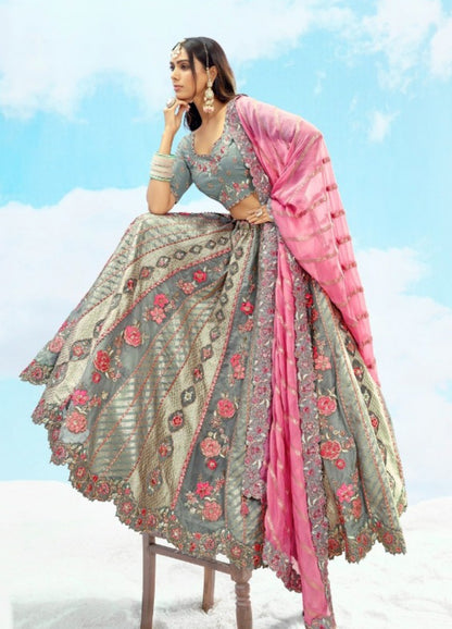 Couture Grey And Pink Silk Stylish Lehenga