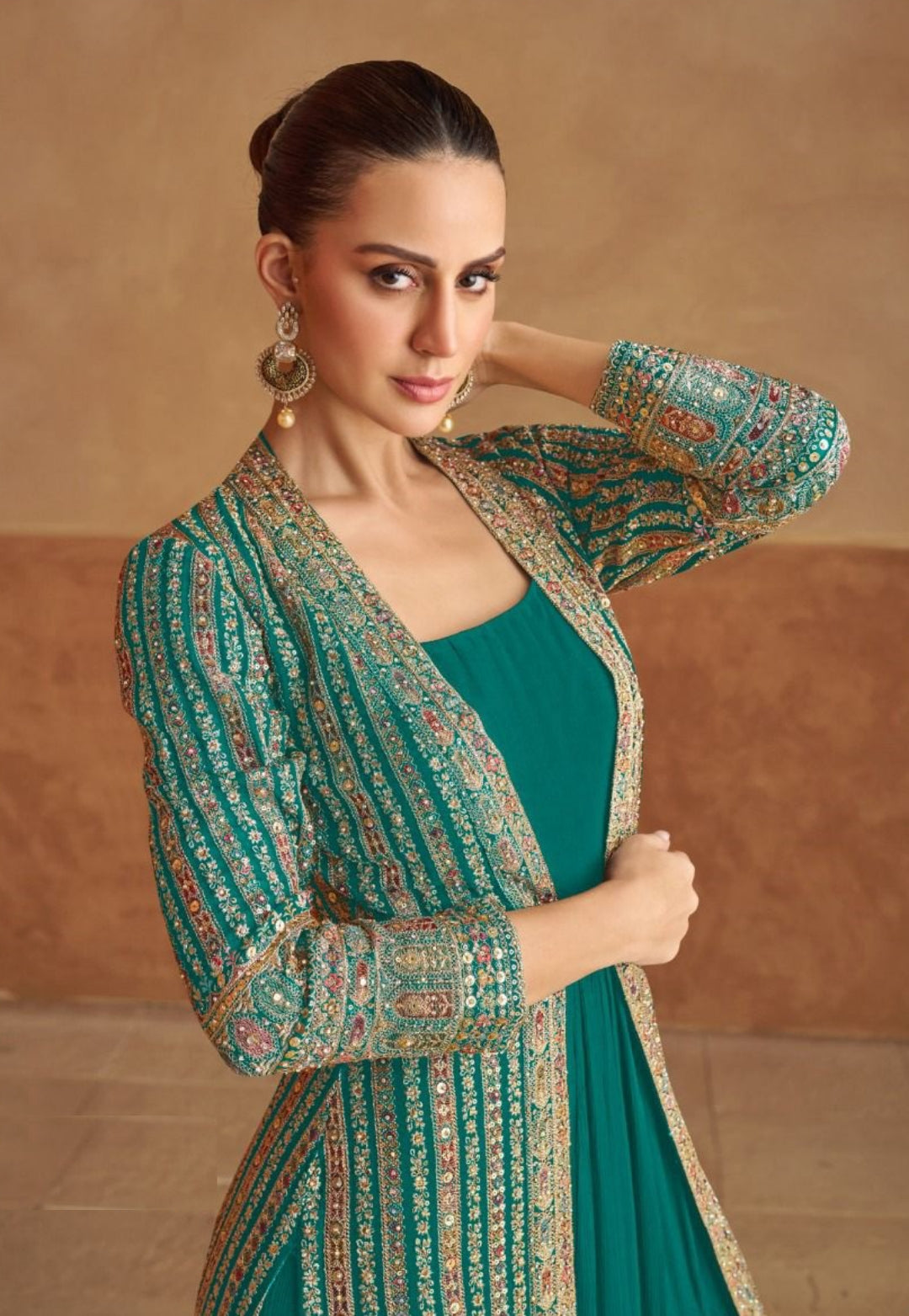 Women Teal Georgette Sequins Embroidery & Hand Work Gown With Jacket