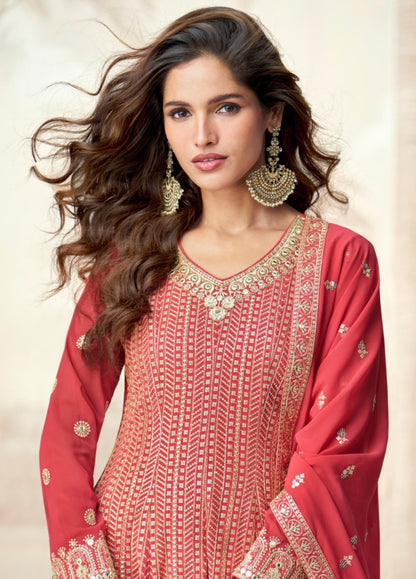 Women Red Georgette Palazzo Bottom Suit Set