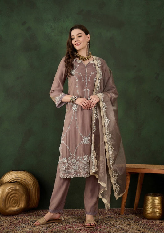 Women Violet Chanderi Pakistani Suit Set