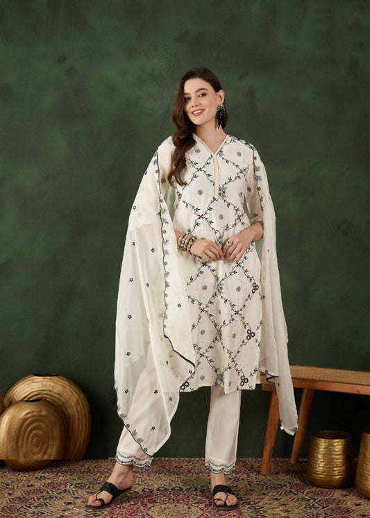Women White Chanderi Silk Pakistani Suit Set