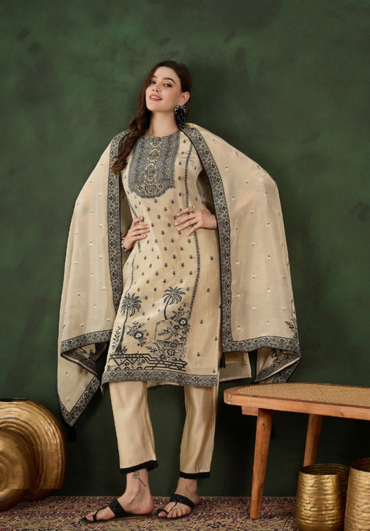 Women Beige Organza Pakistani Suit Set