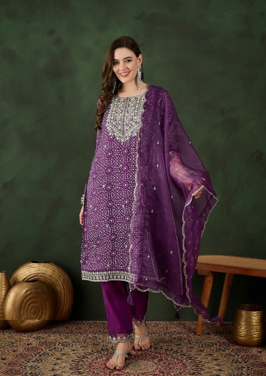 Women Purple Cotton Silk Pakistani Suit Set
