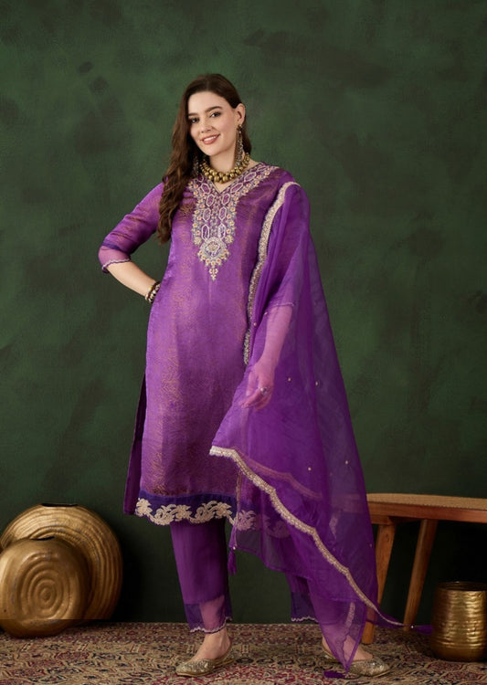 Women Light Purple Chanderi Silk Pakistani Suit Set