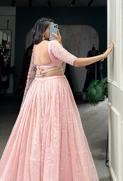 Women Light Pink Gold Crush Sequins And Thread Embroidery Traditional Lehenga