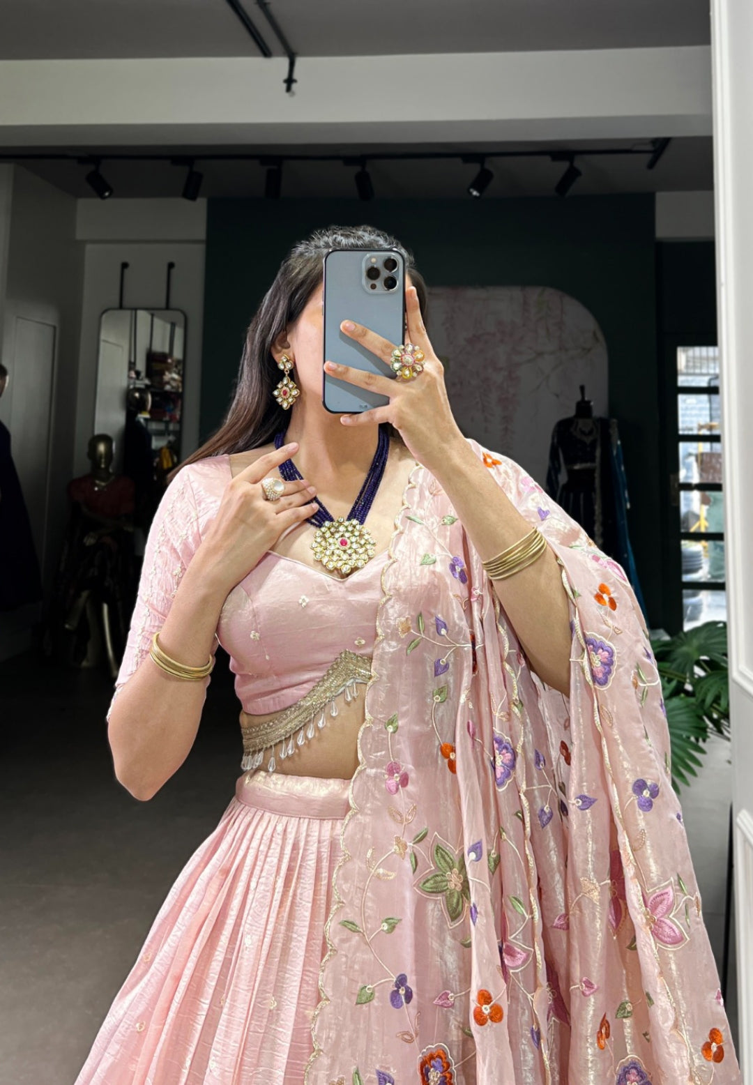 Women Light Pink Gold Crush Sequins And Thread Embroidery Traditional Lehenga