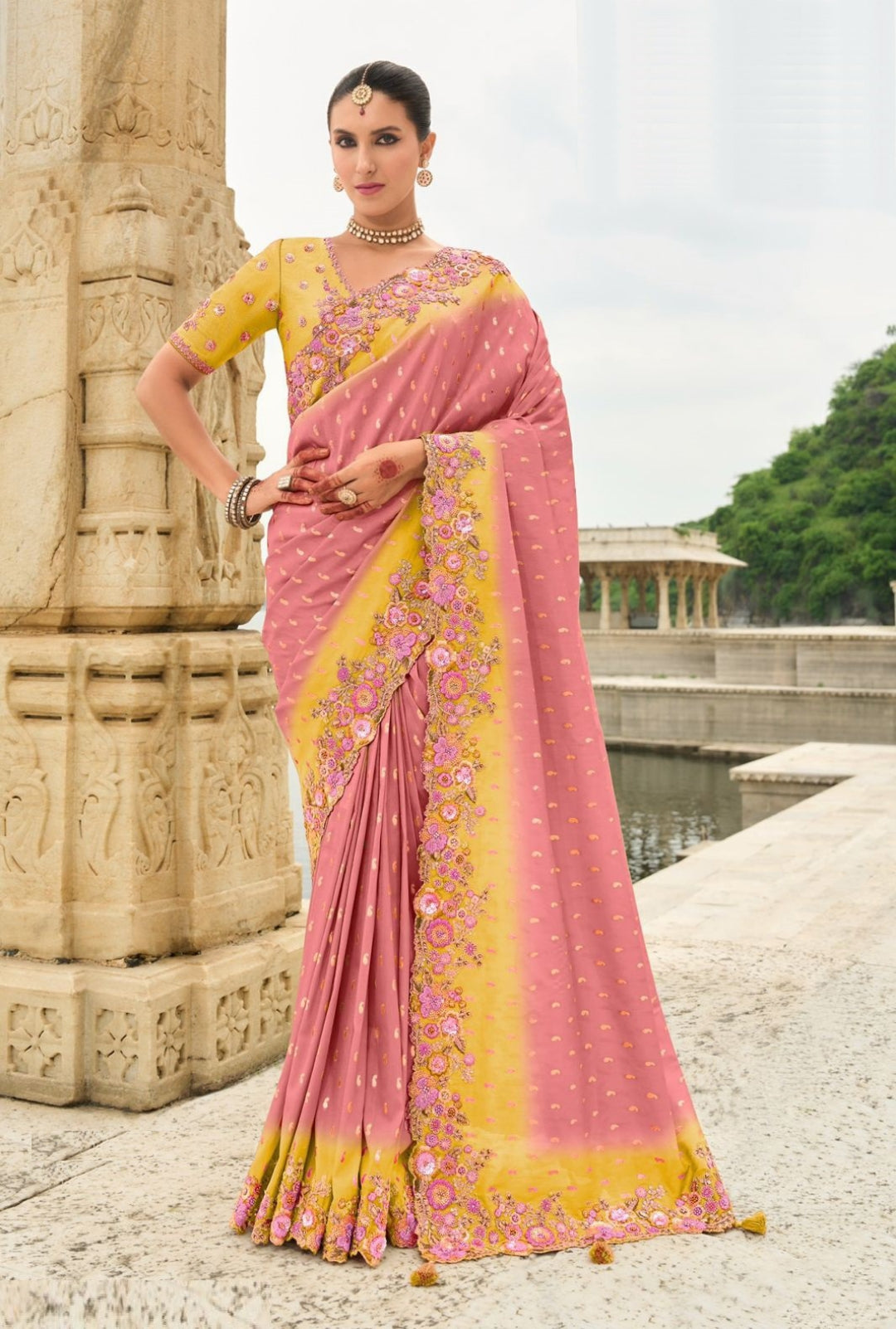 Women Coral And Yellow Silk With Embroidery Sequins Work Bridal Saree