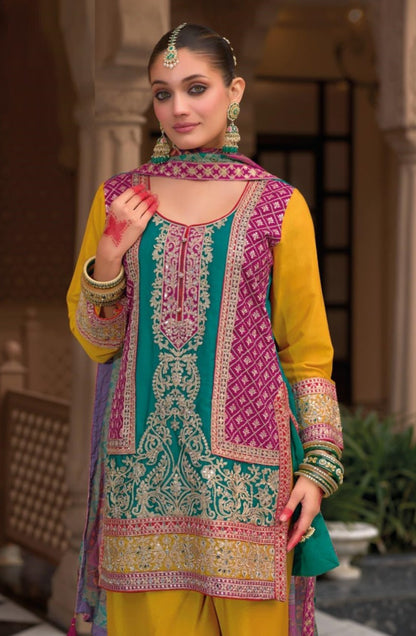 Women Teal And Mustard Chinon With Embroidery Work Palazzo Bottom Suit Set