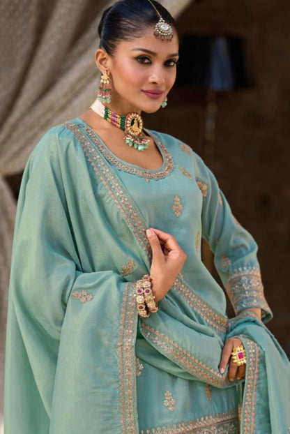 Contemporary Sky Blue Shimmer Palazzo Bottom Suit Set
