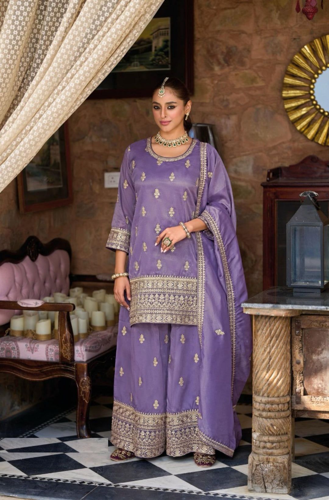 Alluring Light Purple Shimmer Palazzo Bottom Suit Set