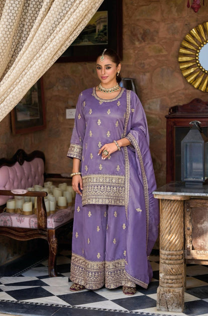 Alluring Light Purple Shimmer Palazzo Bottom Suit Set