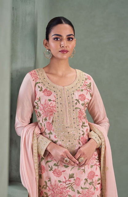 Classy Baby Pink Chinon Silk Palazzo Bottom Suit Set