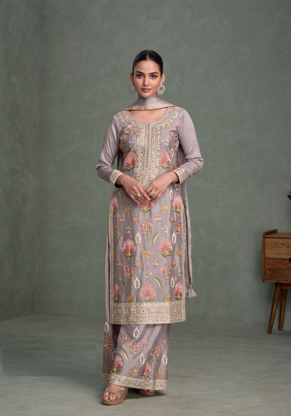 Sleek Grey Chinon Silk Palazzo Bottom Suit Set