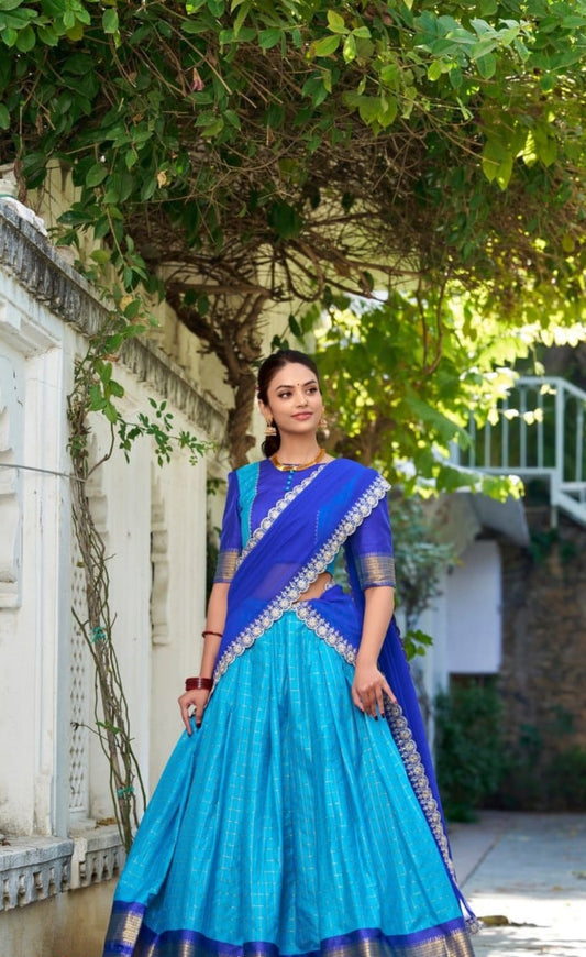 Women Blue Zari Chex With Zari Weaving Work Traditional Lehenga