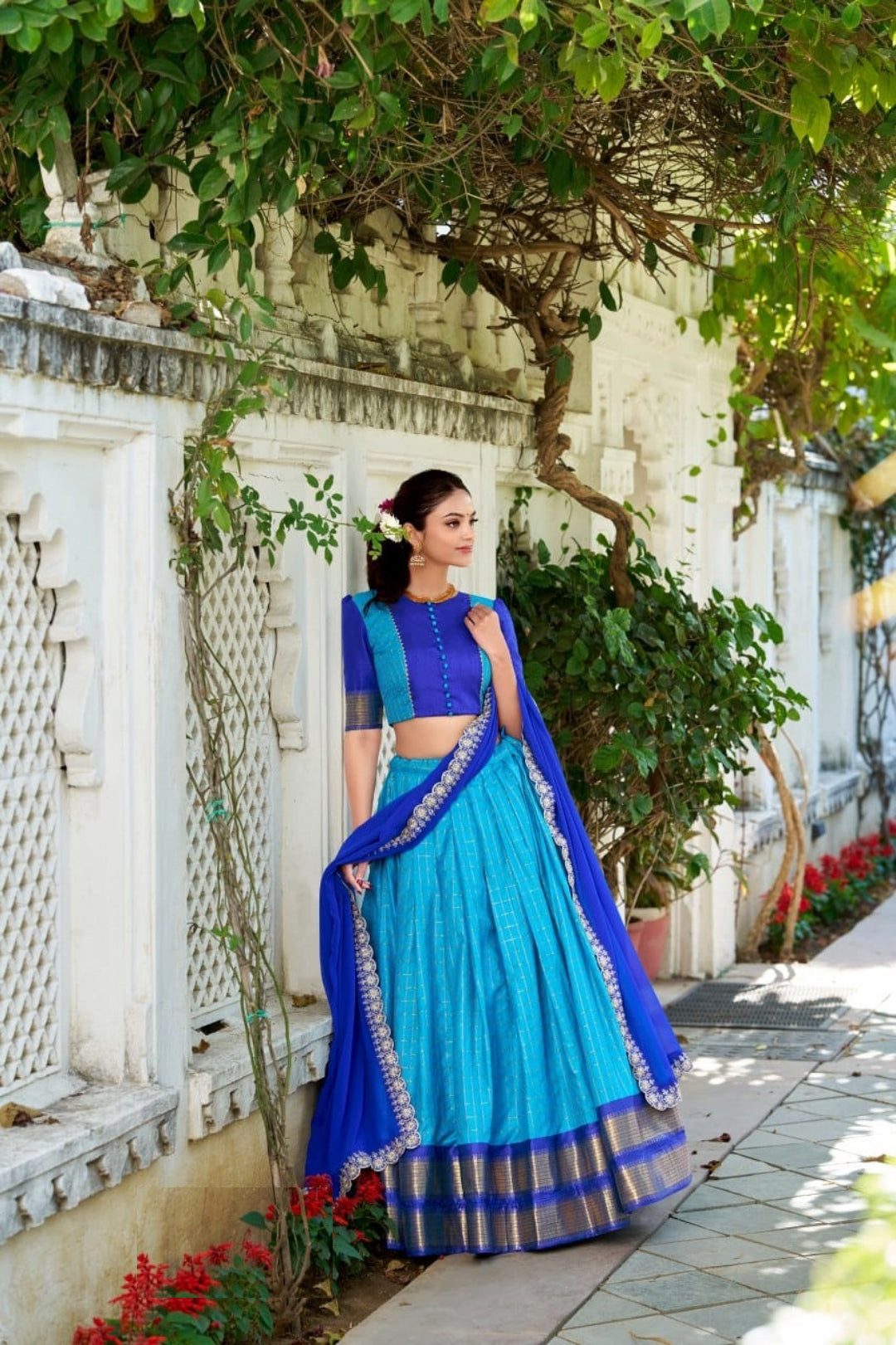 Women Blue Zari Chex With Zari Weaving Work Traditional Lehenga