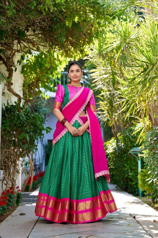 Women Green Zari Chex With Zari Weaving Work Traditional Lehenga