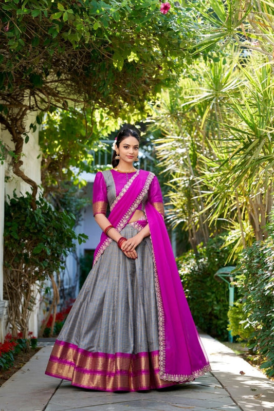 Women Grey Zari Chex With Zari Weaving Work Traditional Lehenga
