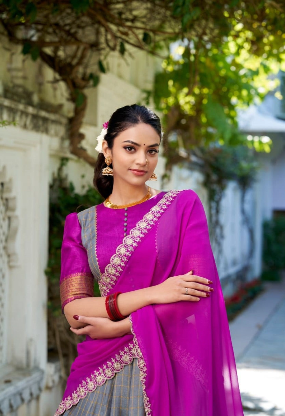Women Grey Zari Chex With Zari Weaving Work Traditional Lehenga