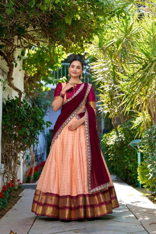 Women Peach Zari Chex With Zari Weaving Work Traditional Lehenga