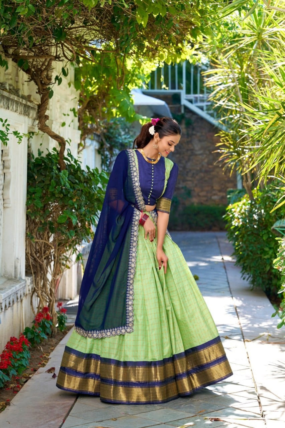 Women Pista Green Zari Chex With Zari Weaving Work Traditional Lehenga