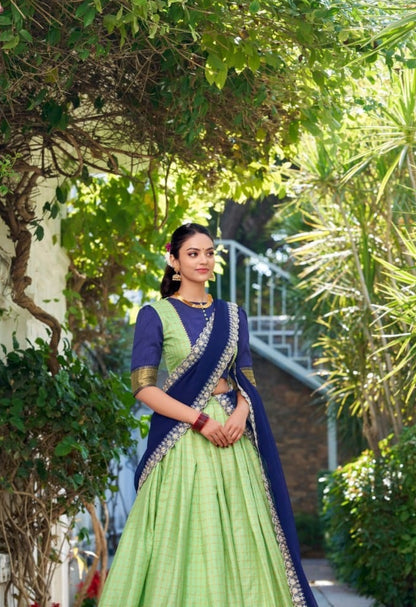 Women Pista Green Zari Chex With Zari Weaving Work Traditional Lehenga