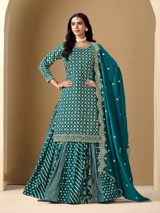 Fantastic Teal Art Silk Lehenga Bottom Suit Set