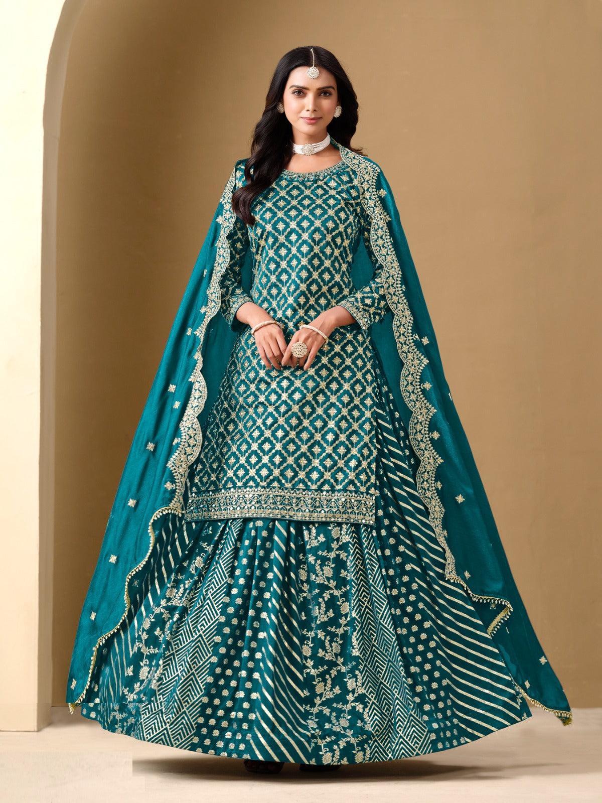 Fantastic Teal Art Silk Lehenga Bottom Suit Set