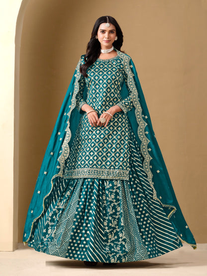 Fantastic Teal Art Silk Lehenga Bottom Suit Set