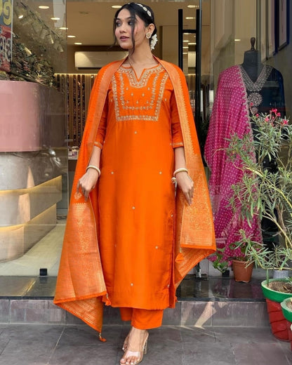 Women Orange Silk Jacquard Suit Set