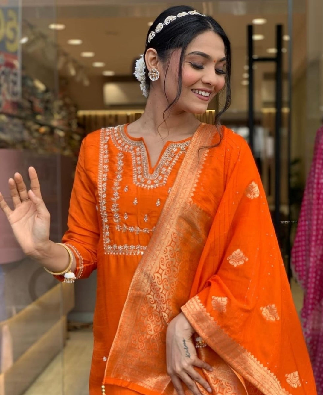 Women Orange Silk Jacquard Suit Set