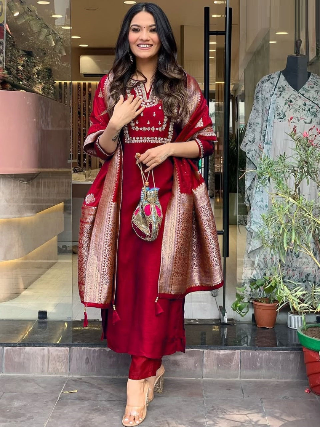 Women Maroon Silk Jacquard Suit Set