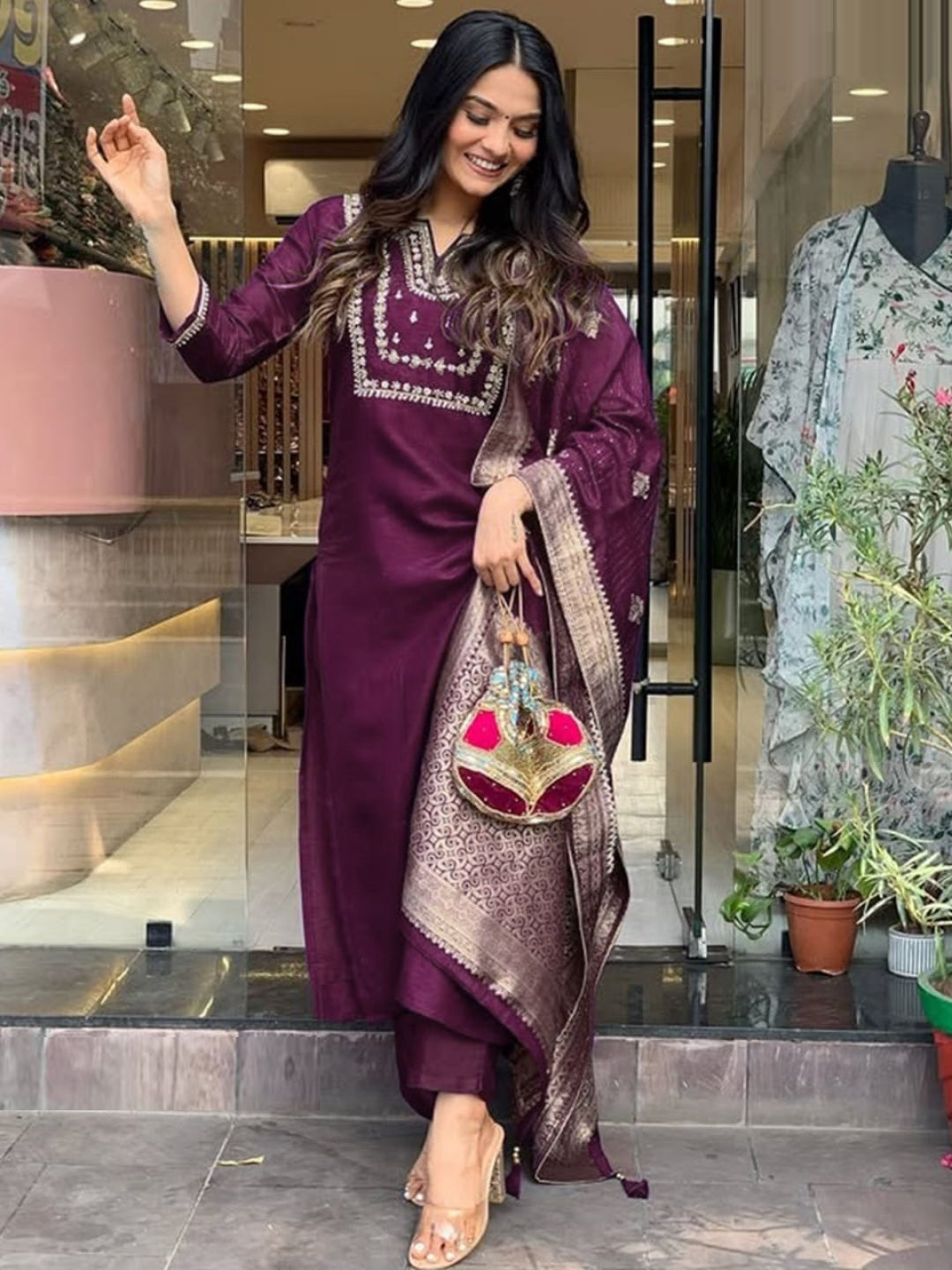 Women Burgundy Silk Jacquard Suit Set