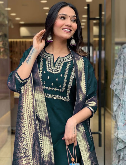 Women Bottle Green Silk Jacquard Suit Set