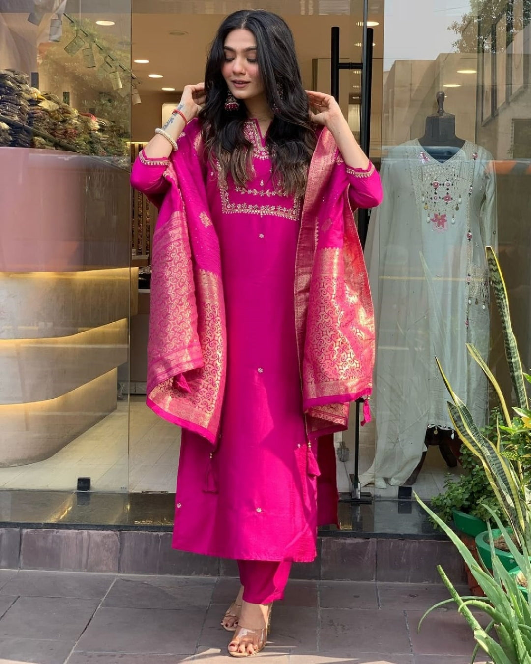 Women Pink Silk Jacquard Suit Set
