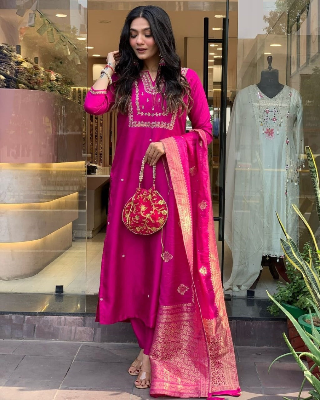 Women Pink Silk Jacquard Suit Set