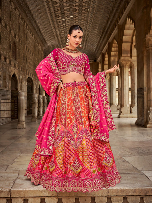 Sophisticated Pink And Orange Banarasi Silk Bridal Lehenga