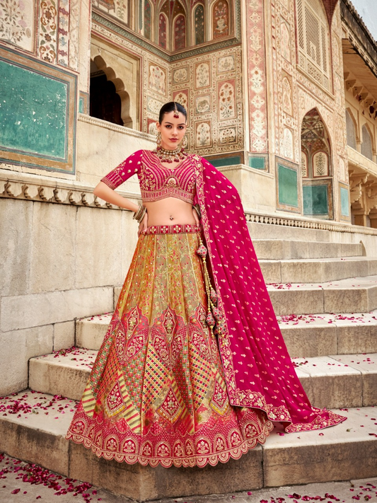 Luxurious Rani Pink Banarasi Silk Bridal Lehenga